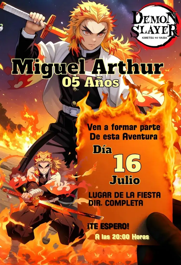 Invitación Kyojuro Rengoku Demon Slayer – tema Cumpleaños vibrante, anime, aventura, fuego, jovial, colorido