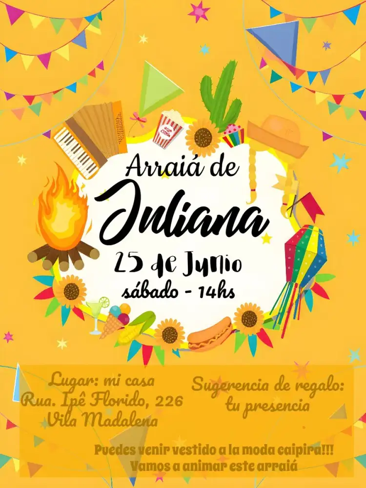Invitación Arraiá Fiesta Junina Sertanejo – tema Fechas Conmemorativas colorido, caipira, vintage, festivo, rústico, tradicional