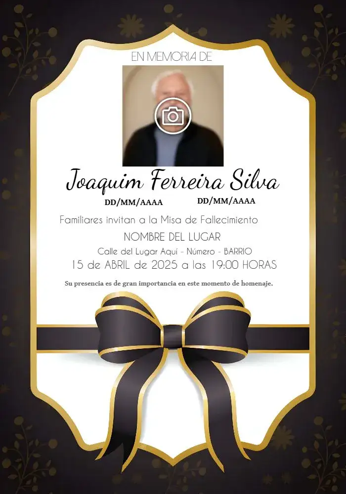 Invitación Misa De Fallecimiento Con Foto Cruz – tema Fechas Conmemorativas sobrio, minimalista, elegante, moderno, negro y dorado, diseño respetuoso