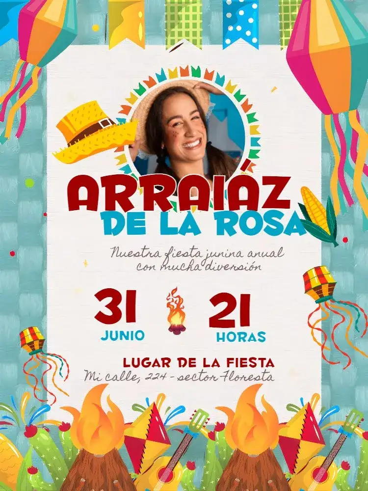 Invitación Fiesta Junina Con Foto Arraiá – tema Fechas Conmemorativas colorido, vintage, rústico, típico, alegre, festivo