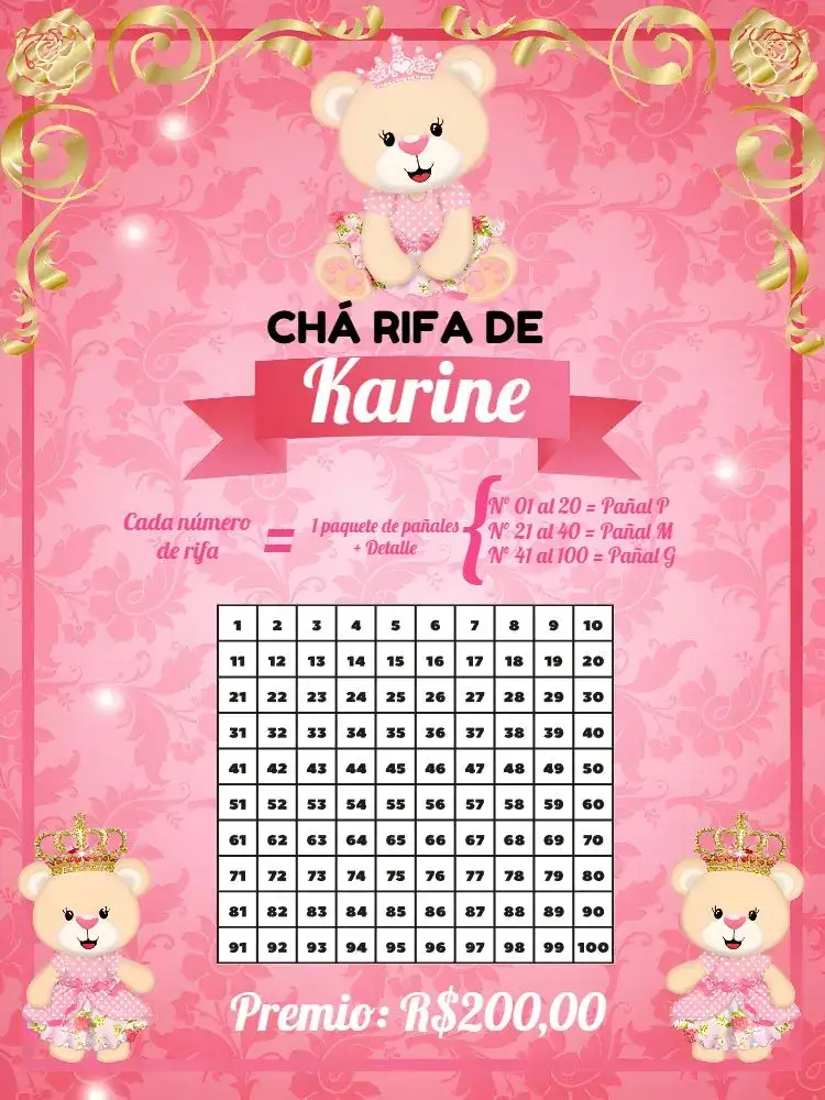 Invitación Té Rifa Osita Princesa Princesa.cha – tema Té Rifa rosa, dorado, blanco, infantil, princesa, lúdico