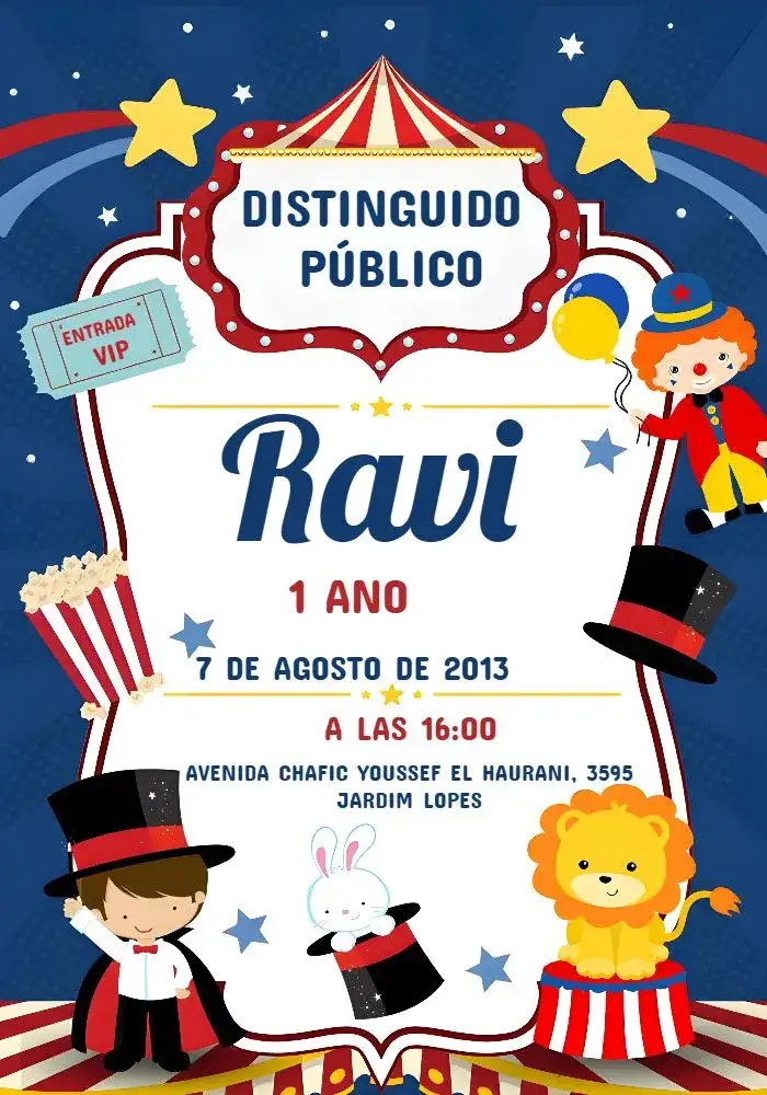 Invitación Circo Niño – tema Más buscados colorido, divertido, ilustraciones de circo, juguetón, festivo
