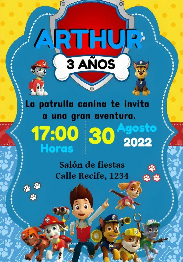 Invitación Patrulla Canina Amarillo – tema Cumpleaños Infantil colorido, divertido, temático, infantil, aventuras