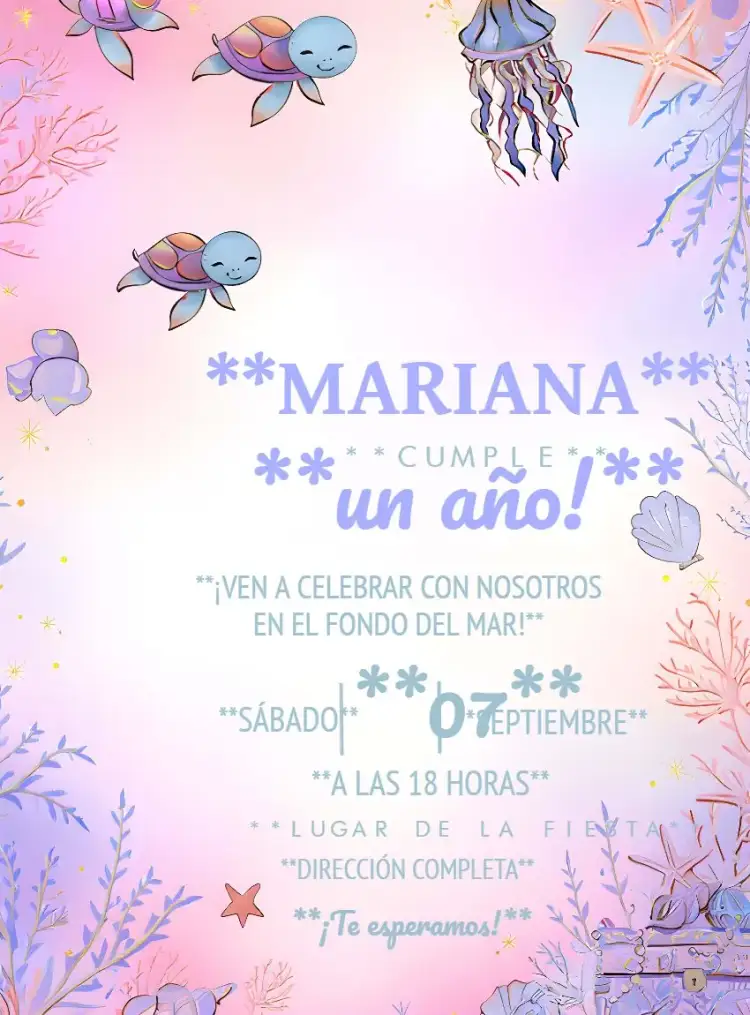 Invitación Fondo Del Mar Niña – tema Cumpleaños Infantil acuarela, marino, colorido, infantil, lúdico