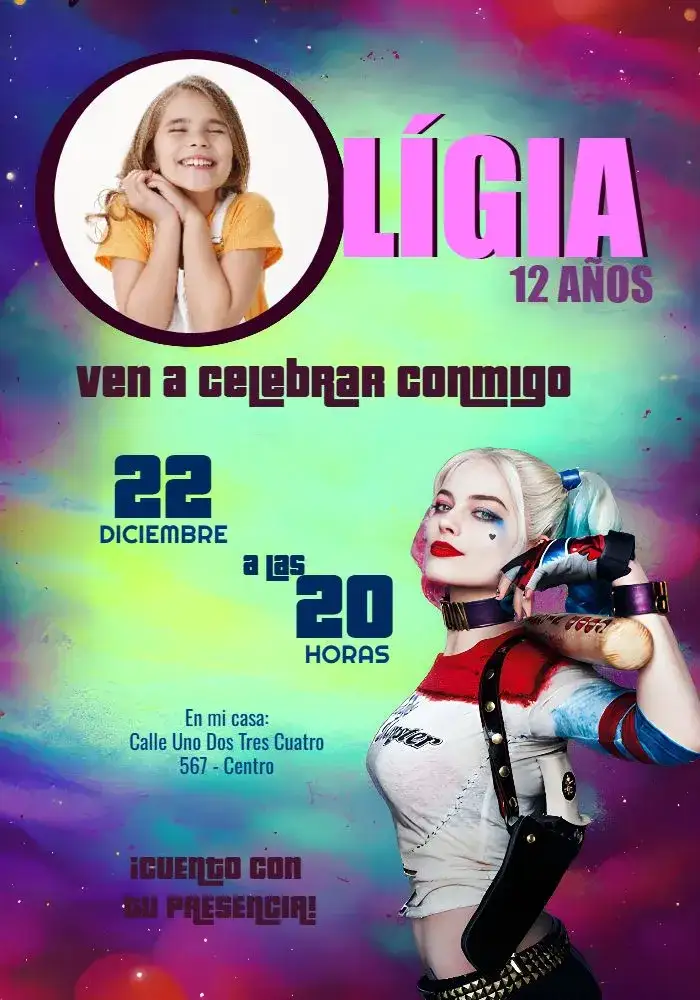 Invitación Arlequina Con Foto Alerquina – tema Cumpleaños Infantil colorido, divertido, cómics, pop art, temático, moderno