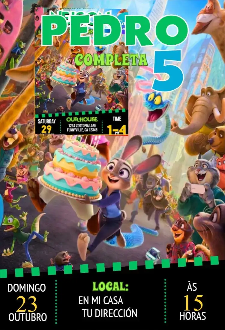 Invitación Zootopia 3 – tema Cumpleaños colorido, lúdico, animado, moderno, temático