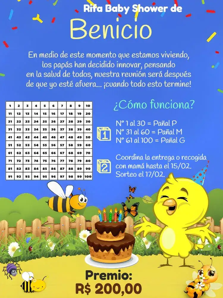 Invitación Té Rifa Pollito Amarillito Insectos – tema Té Rifa colorido, divertido, infantil, alegre, temático, brincalhão