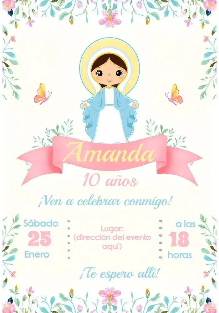 Invitación Nuestra Señora de las Gracias Pastel – tema Bautismo floral, pastel, delicado, cristiano, moderno, elegante
