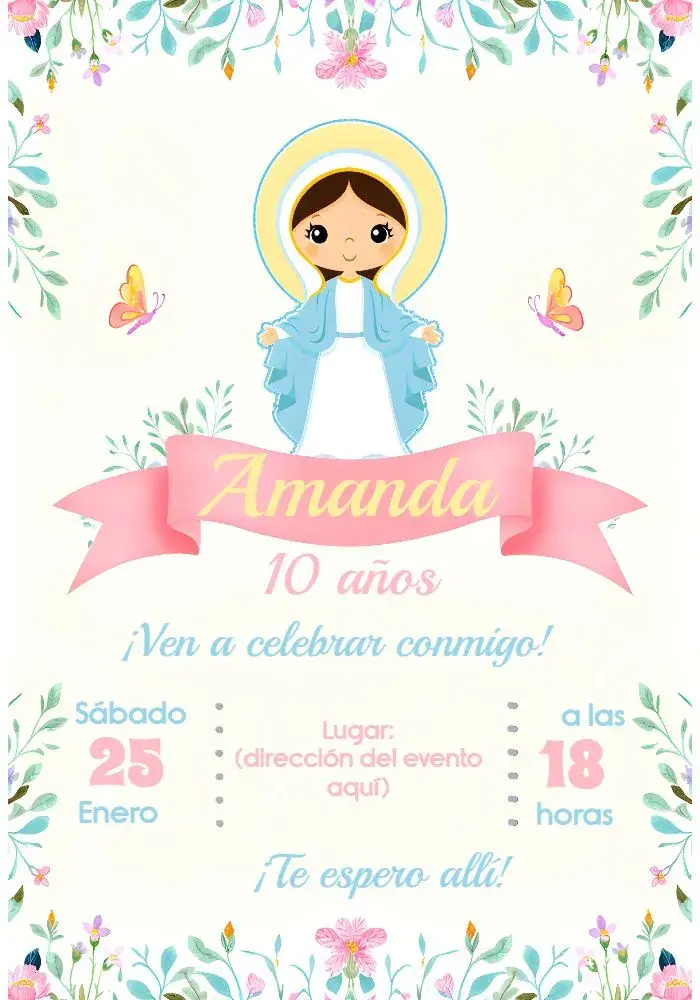 Invitación Nuestra Señora de las Gracias Pastel editable y personalizable