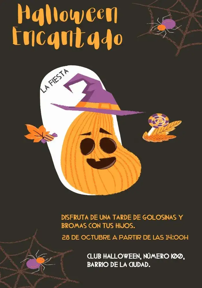 Invitación Halloween Fantasma – tema Fechas Conmemorativas colores naranja y negro, estilo divertido, elementos gráficos de fantasmas, calabazas estilizadas, diseño festivo, ilustraciones de dulces