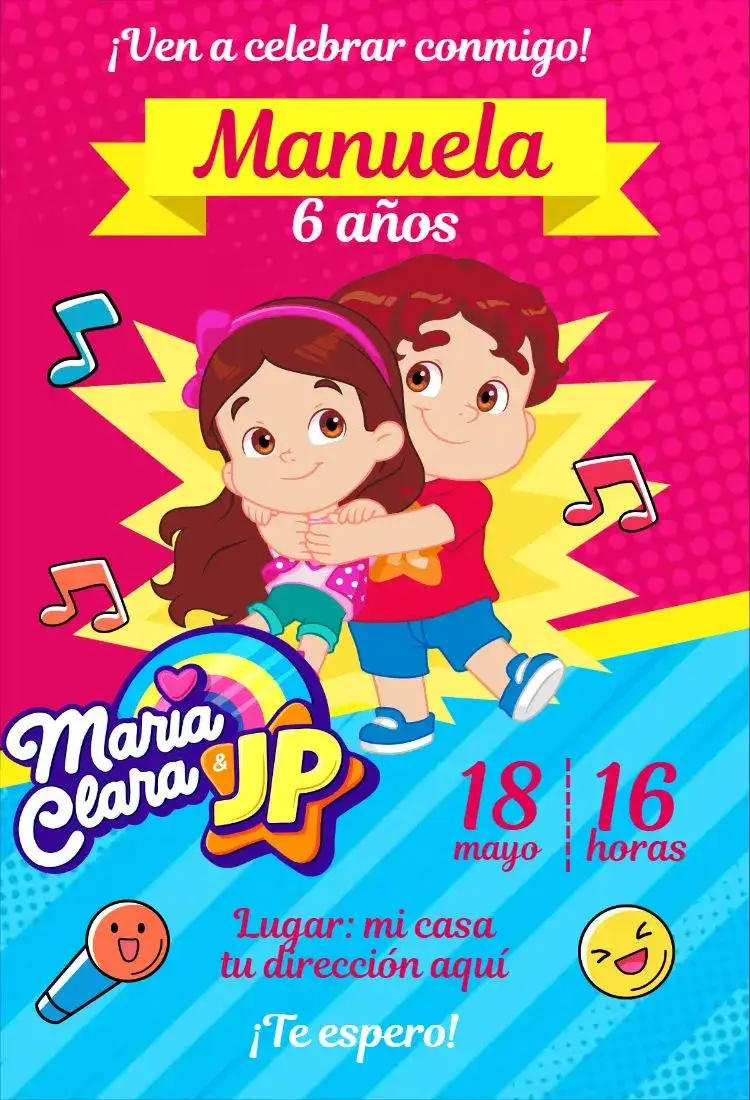 Invitación Invitación María Clara y JP – tema Cumpleaños colorido, divertido, lúdico, ilustraciones infantiles, temática de fiesta, moderno