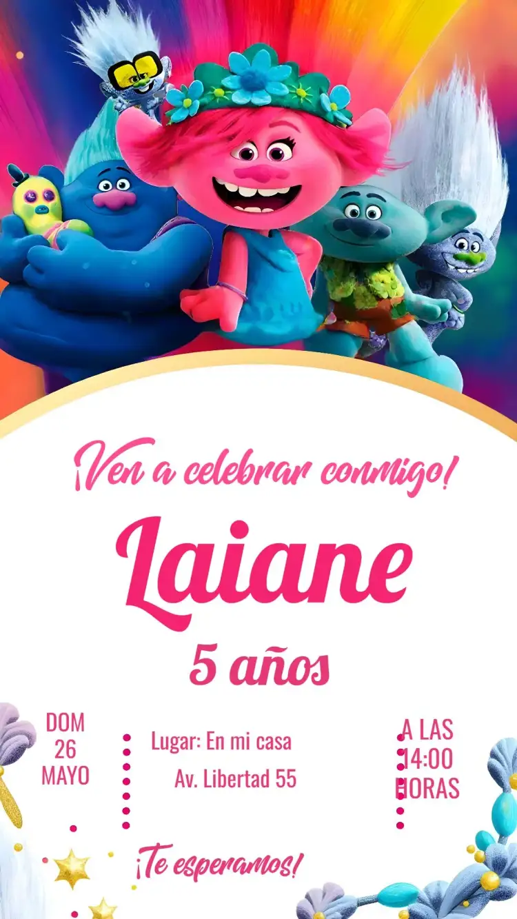 Invitación Trolls – tema Cumpleaños Infantil rosa, brillo, divertido, colorido, temático, infantil