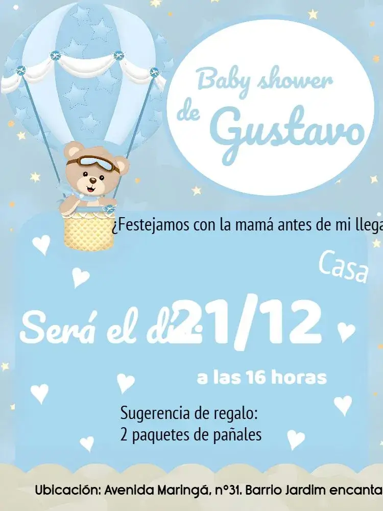 Invitación Baby Shower Osito Globos Aerostáticos Bebé – tema Baby Shower azul y blanco, infantil, lúdico, divertido, ositos, globos