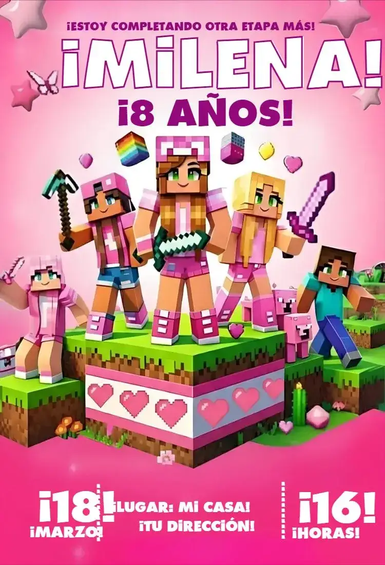Invitación Minecraft Niña rosa