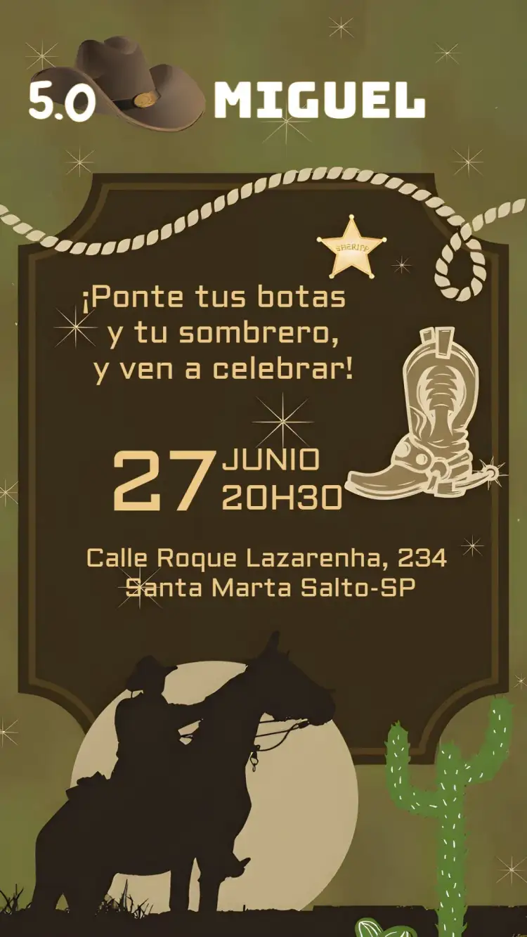 Invitación Rodeo Country Vaquero – tema Cumpleaños rústico, country, madeira, marrom, vaquero, caballo