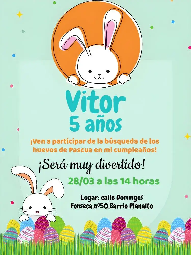 Invitación Pascua Caza – tema Fechas Conmemorativas colorido, infantil, divertido, ilustraciones de Pascua, moderno