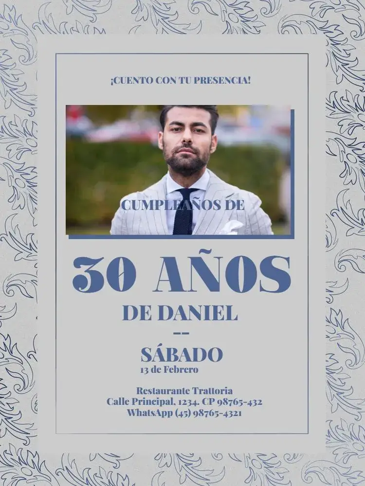 Invitación Varón Adulto Elegante con Foto Celebración editable y personalizable