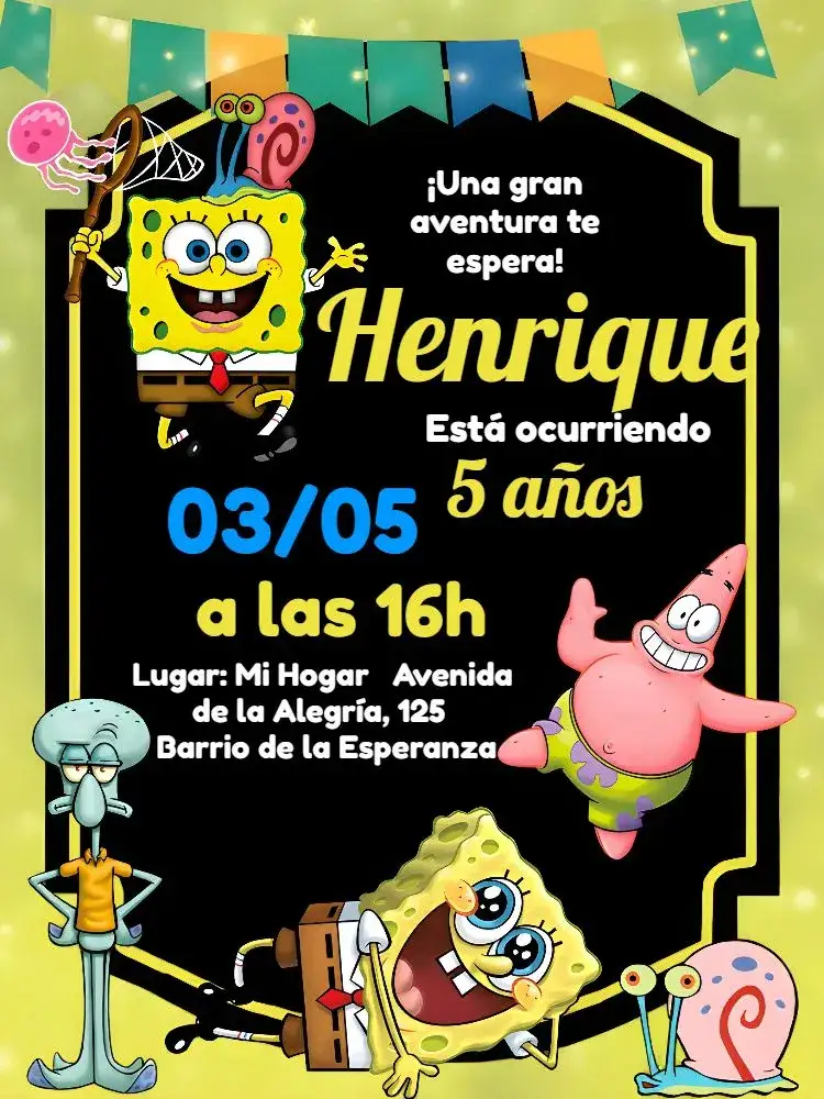 Invitación Bob Esponja Animado – tema Cumpleaños Infantil colorido, azul marino, divertido, animado, infantil