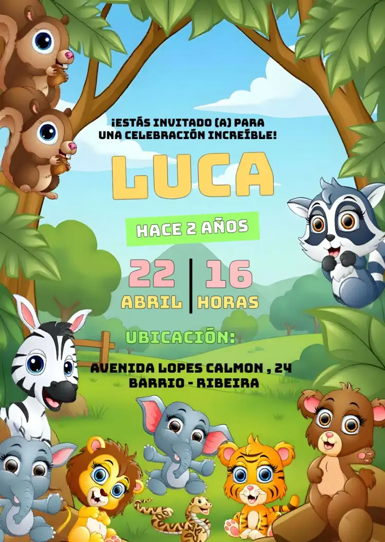 Invitación Safari Zoológico – tema Cumpleaños Infantil colorido, divertido, temático, de la naturaleza, animales, alegre