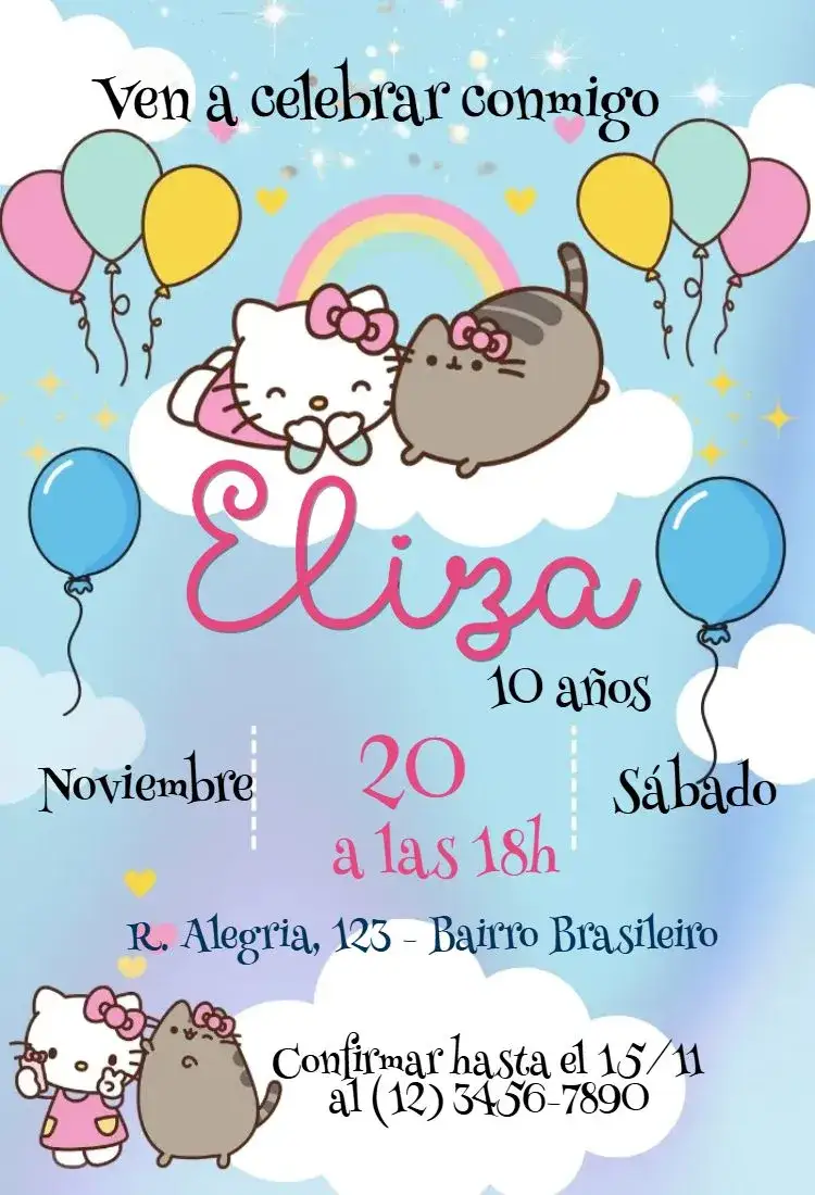 Invitación Hello kitty y Pusheen – tema Cumpleaños Infantil colorido, divertido, kawaii, jovial, ilustraciones lindas
