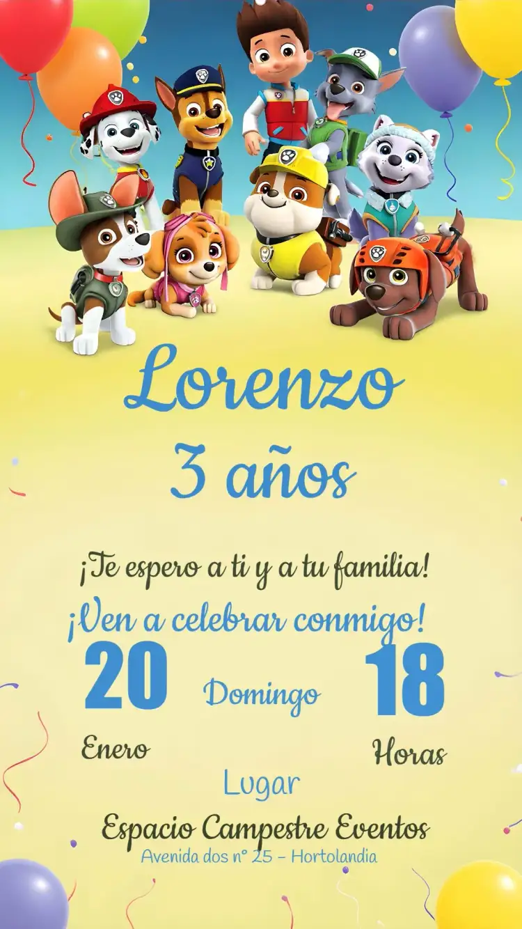 Invitación Patrulla Canina Amarillo – tema Cumpleaños Infantil colorido, divertido, temático, infantil, animado