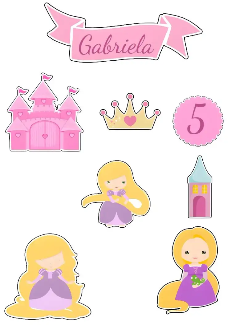 Invitación Topo De Pastel Rapunzel Rosa – tema Topper de torta princesa, cuentos de hadas, colores vibrantes, fantasía, estilo moderno