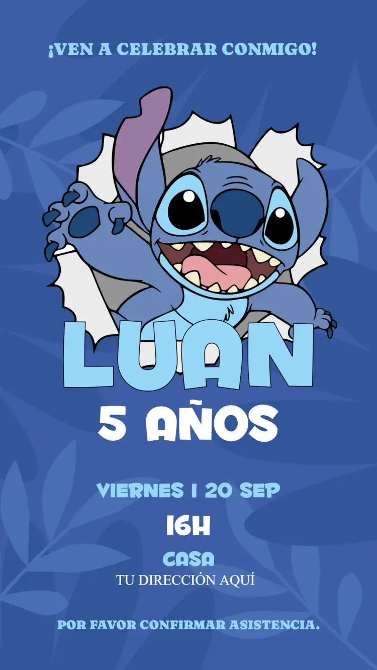 Invitación Stitch – tema Cumpleaños Infantil azul, divertido, temático, animado, ilustraciones infantiles, personajes