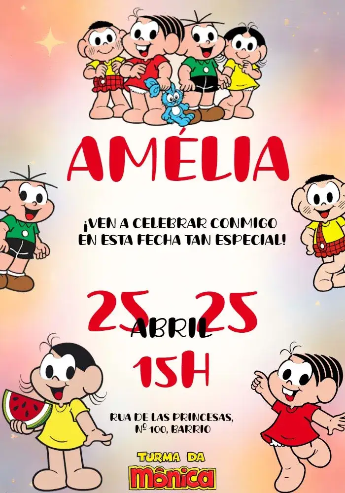 Invitación Turma De La Mónica Dibujo – tema Cumpleaños Infantil colorido, divertido, ilustraciones infantiles, estilo de dibujos animados, juguetón