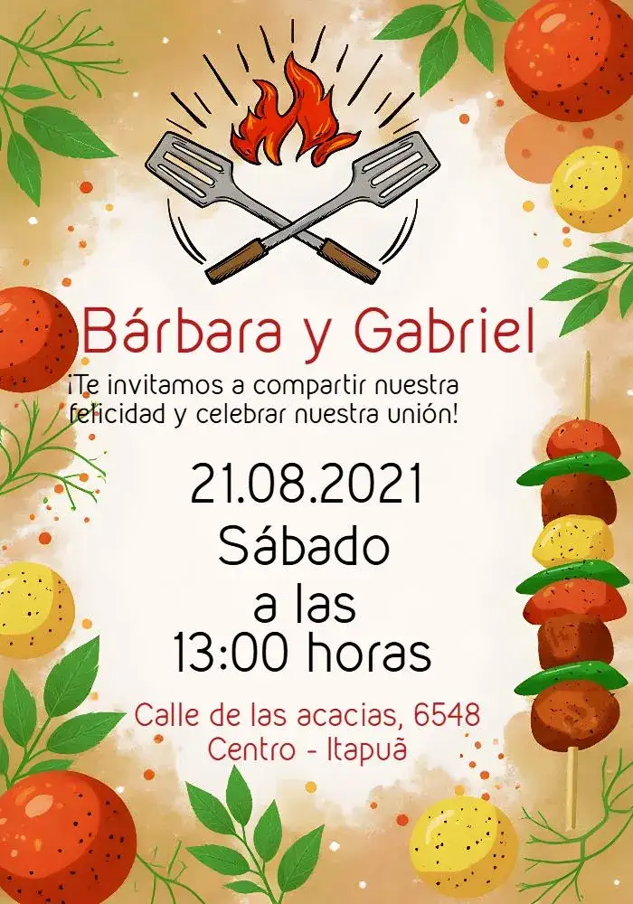 Invitación Boda Barbacoa Brasa – tema Boda rústico, moderno, descontraído, colorido, festivo, churrasco