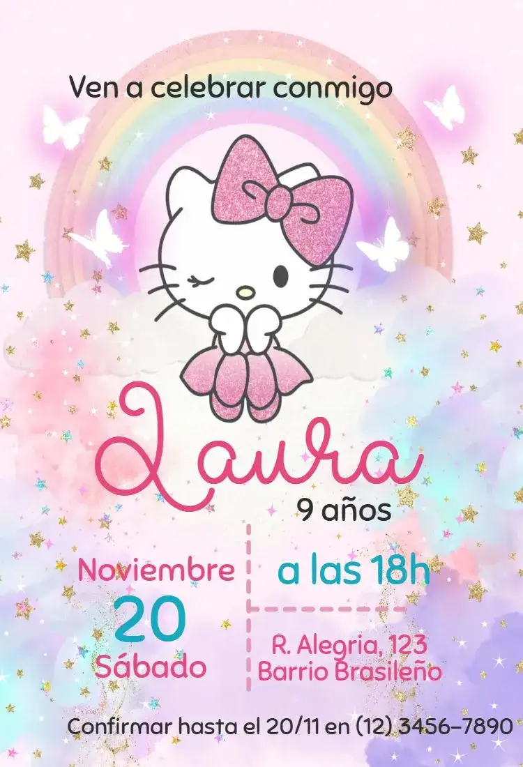 Invitación Hola Kitty – tema Cumpleaños Infantil colores pastel, divertido, ilustraciones adorables, estilo japonés, temática de gatitos, vibrante