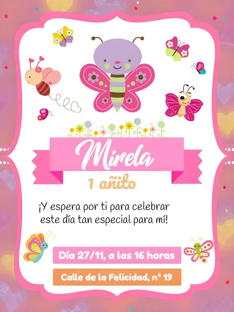 Invitación Jardín De Las Mariposas Rayado – tema Fechas Conmemorativas floral, colorido, alegre, moderno, delicado, infantil
