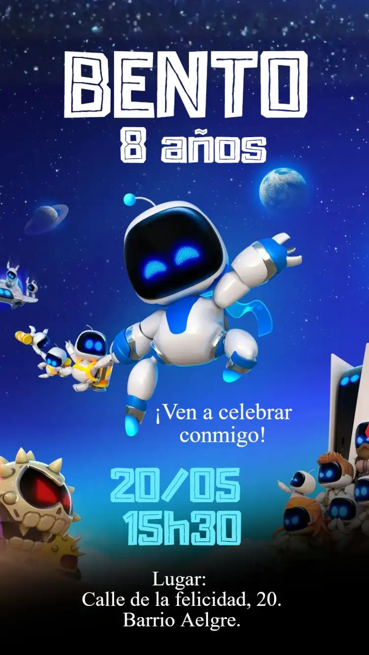 Invitación Invitación digital Astrobot – tema Cumpleaños Infantil espacio, jugador, galaxia, futurista, colorido