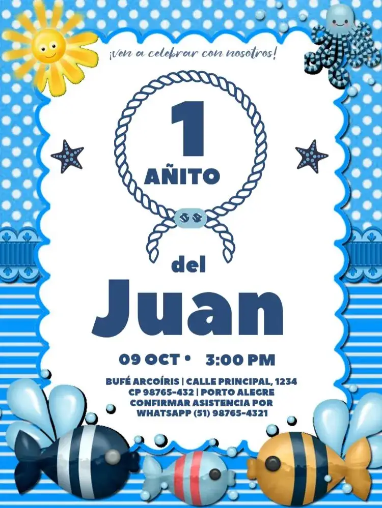 Invitación Infantil De 1 Año Peces Para Editar Niño – tema Cumpleaños Infantil azul marino, colorido, lúdico, temático, infantil