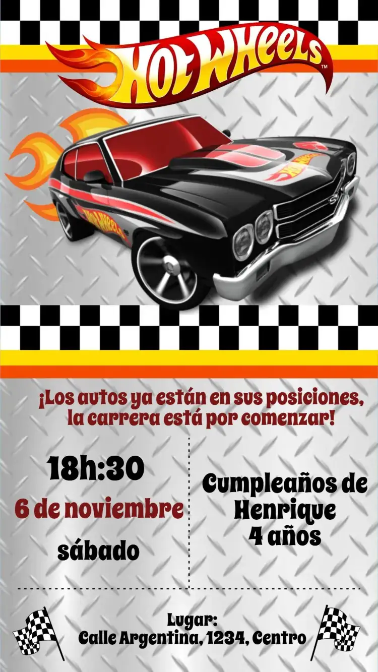 Invitación Hotweels – tema Cumpleaños colorido, dinámico, moderno, aventura, infantil, divertido