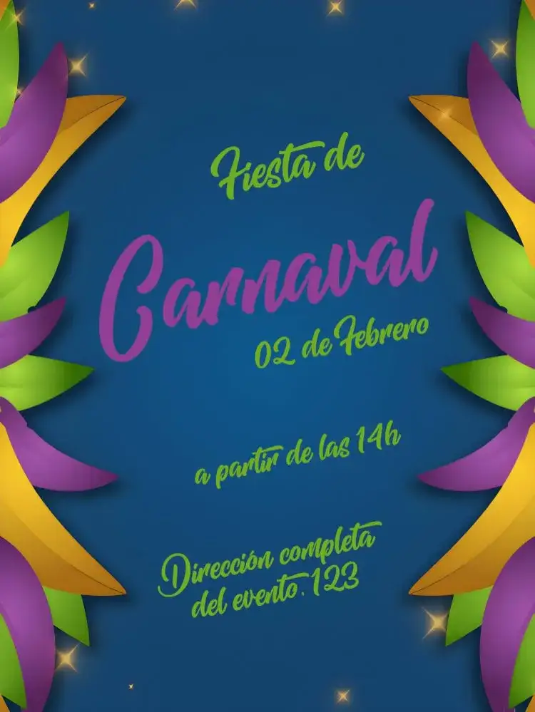 Invitación Fiesta Carnaval Morado – tema Fechas Conmemorativas púrpura vibrante, azul alegre, máscaras coloridas, confetes, estilo festivo, diseño moderno