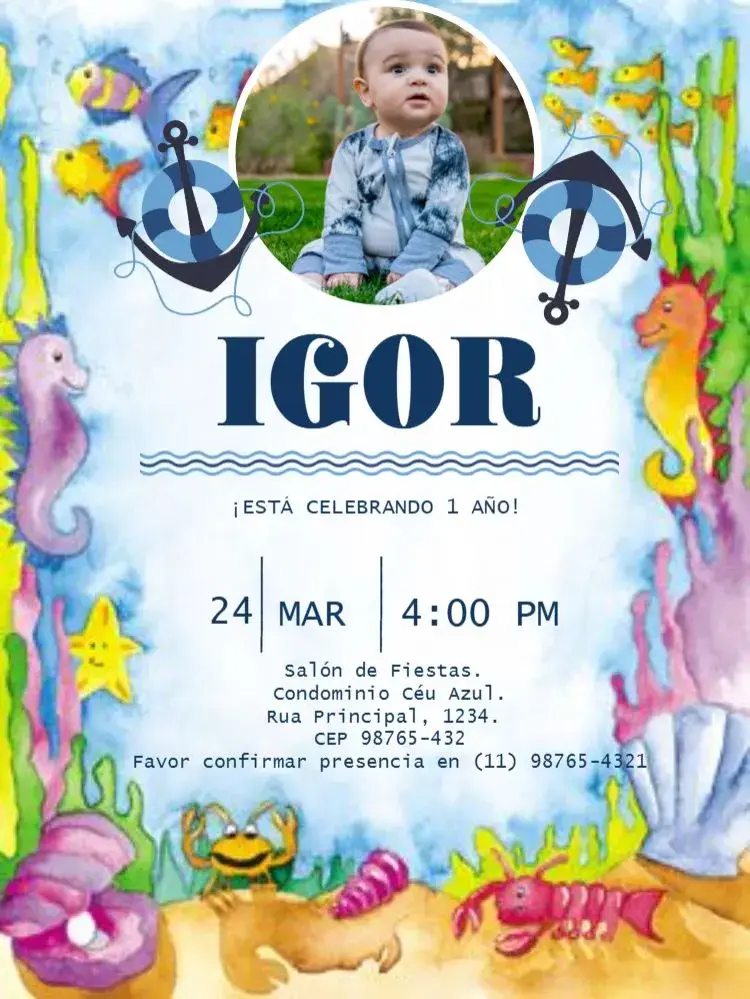 Invitación Infantil De 1 Año Fondo Del Mar Para Editar Foto editable y personalizable