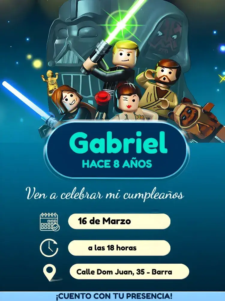 Invitación Lego Star Wars – tema Más buscados colorido, temático, divertido, sci-fi, infantil