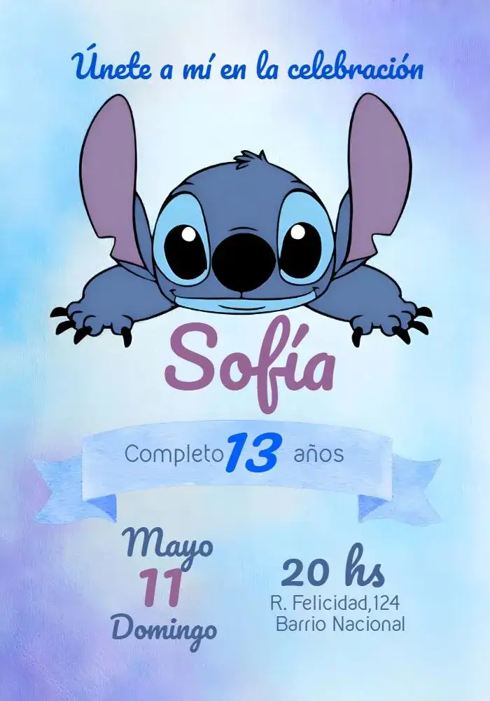 Invitación Stitch Lilo – tema Más buscados acuarela, lindo, infantil, divertido, colorido, moderno