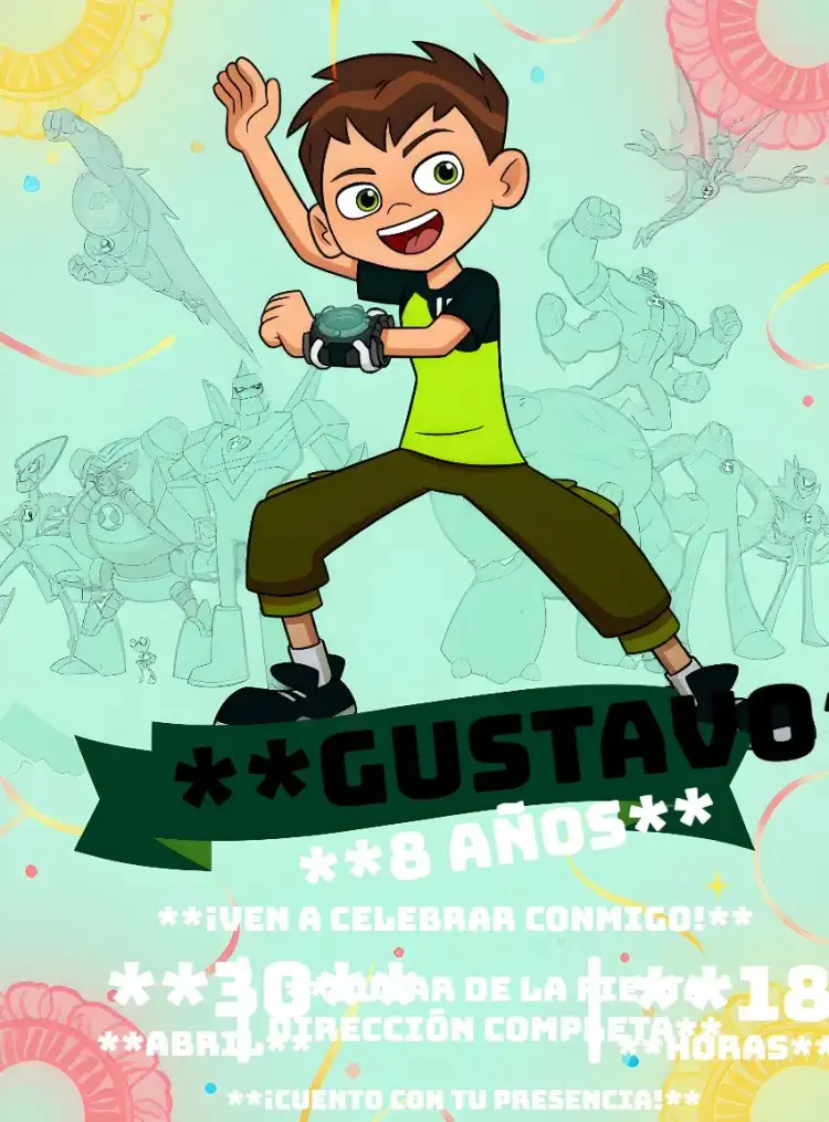Invitación Ben 10 Monstruos – tema Cumpleaños Infantil vibrante, aventura, moderno, colorido, divertido