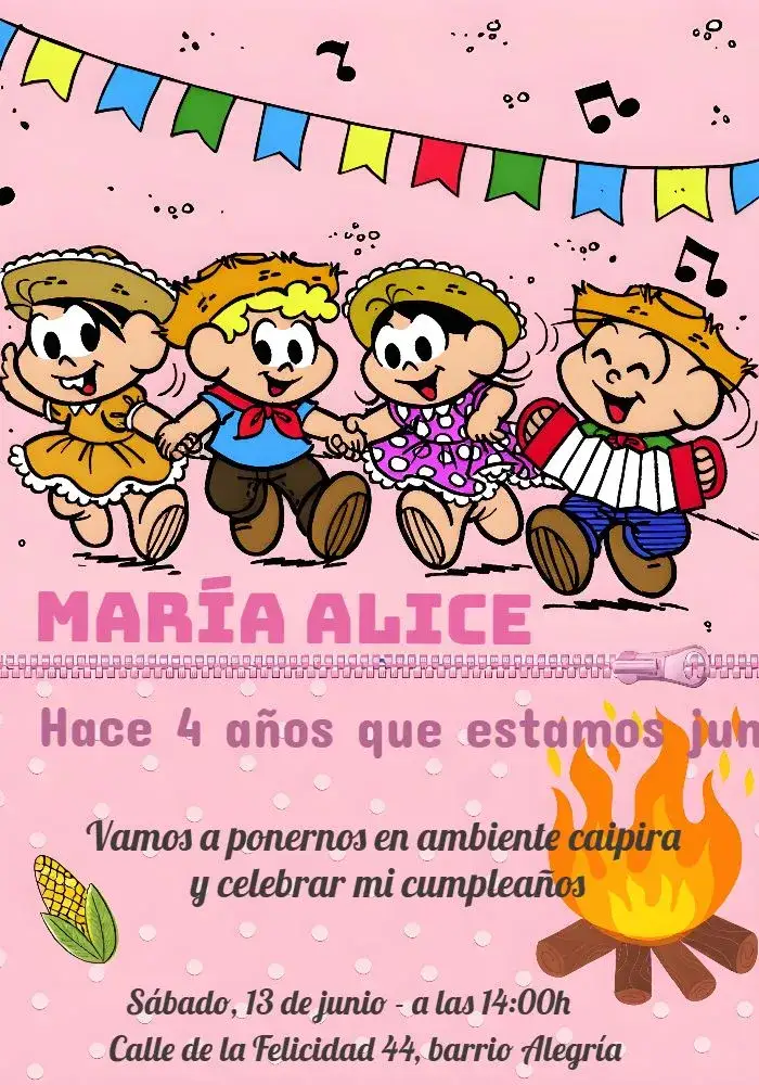 Invitación Fiesta Junina Turma Da Mônica Arraiá – tema Cumpleaños Infantil colorido, divertido, temático, infantil, júnior