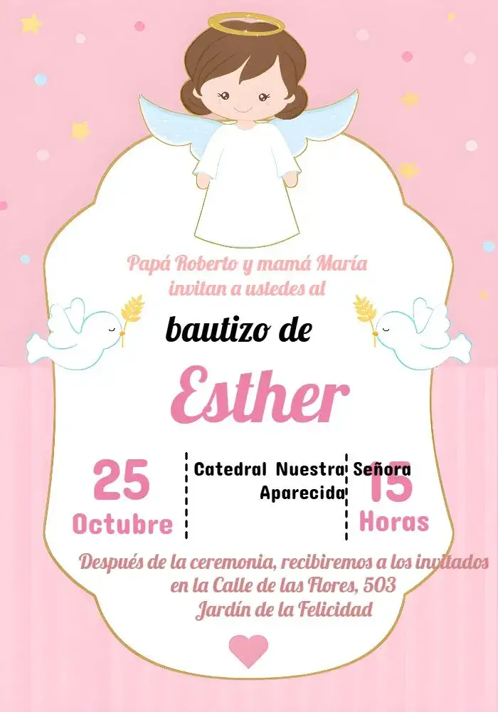 Invitación Bautizo Niña Rosa Bautismo – tema Primera Comunión rosa, delicado, ángeles, minimalista, floral, pastel