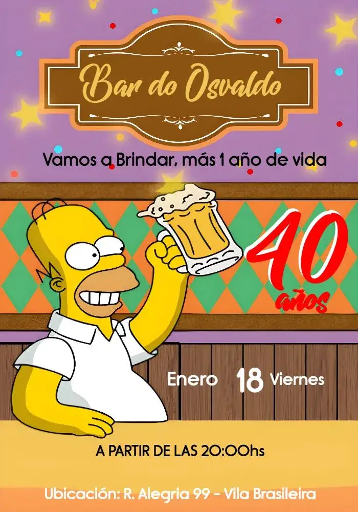 Invitación Bar Homer Moe Do – tema Cumpleaños vibrante, informal, temático, pop art, boteco, moderno