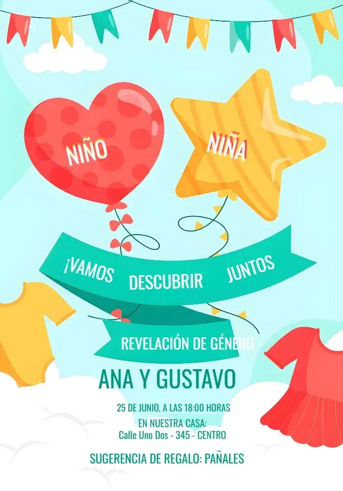 Invitación Chá de Revelación Globo Blanco – tema Revelación Bebé minimalista, elegante, blanco y azul, globos, carnaval de colores, moderno