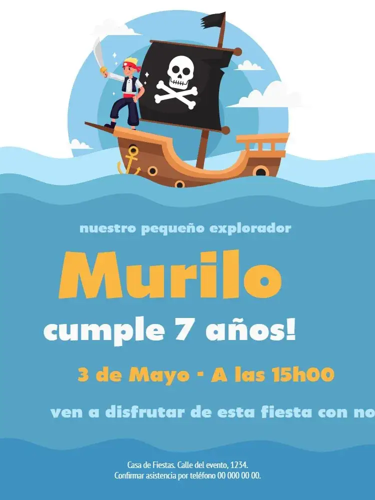 Invitación Piratas del Océano – tema Cumpleaños Infantil temática pirata, colores del océano, elementos náuticos, estilo aventurero, diseño infantil, gráficos divertidos