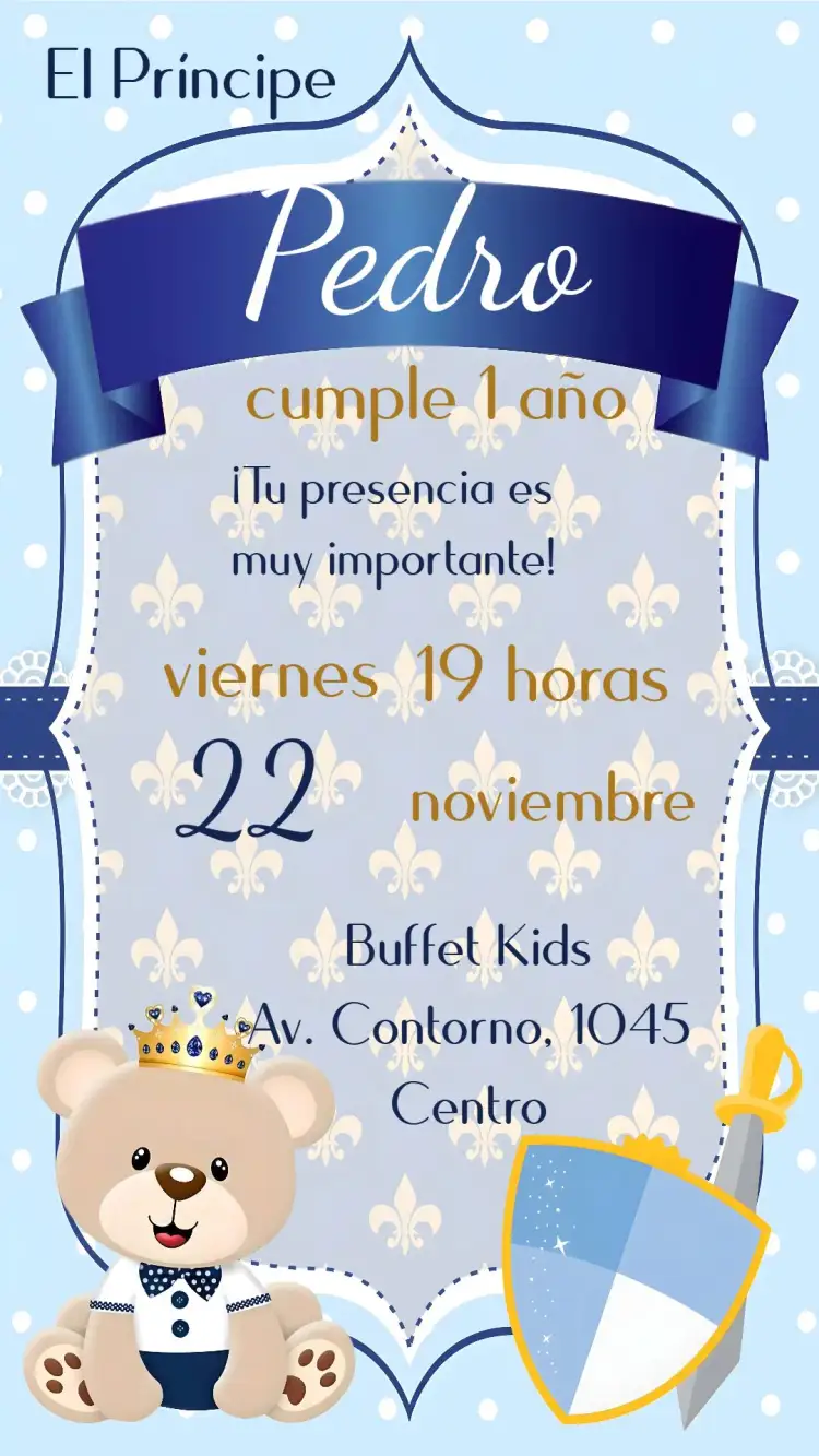 Invitación Oso Príncipe – tema Cumpleaños Infantil azul claro, dorado, realeza, fiesta infantil, tierno