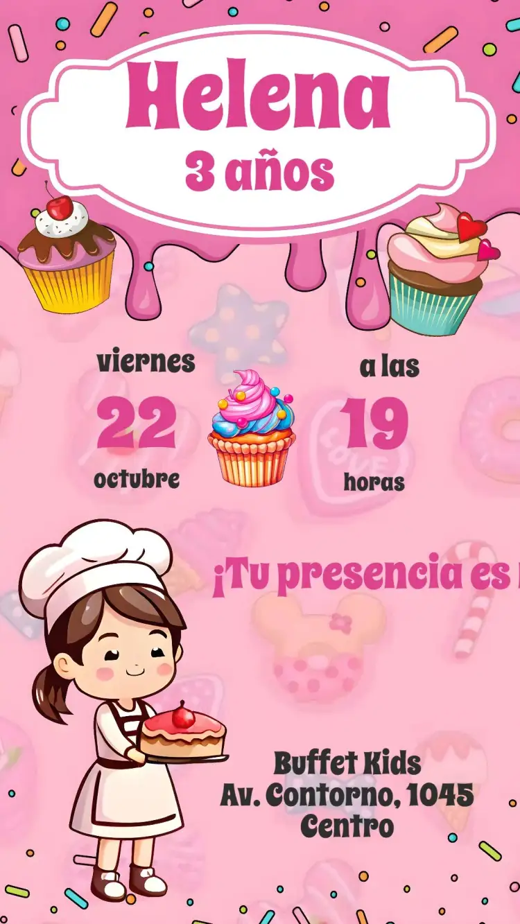 Invitación Pastelería Niña – tema Cumpleaños Infantil colorido, dulce, infantil, divertido, festivo, brillante