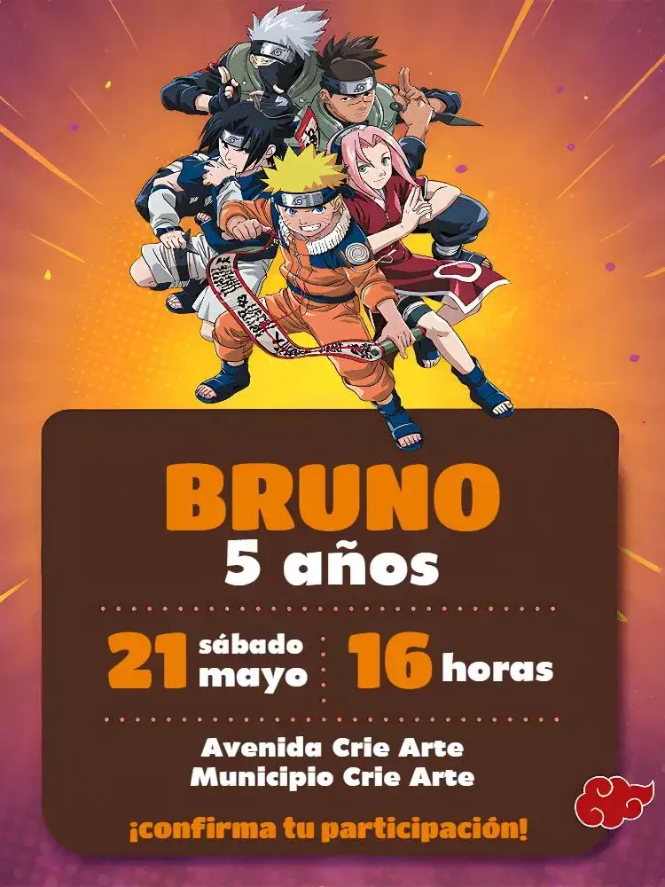 Invitación Naruto Ninja Marrón – tema Cumpleaños Infantil temática ninja, colores vibrantes, estilo animado, elementos gráficos de anime, diseño interactivo, formato digital