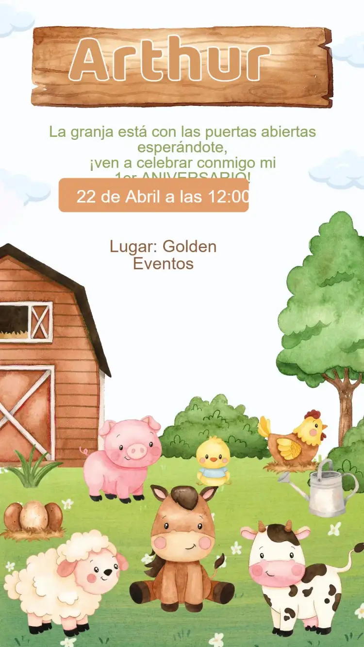 Invitación Invitación Cumpleaños Granja – tema Cumpleaños Infantil rústico, colorido, divertido, campestre, ilustraciones de animales