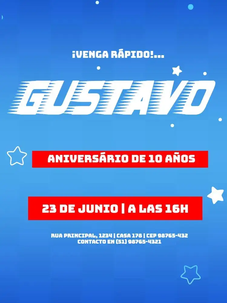 Invitación Digital Sonico Rápido Estrellas Niño – tema Cumpleaños Infantil tema de Sonic, estrellas brillantes, colores vibrantes, diseño lúdico, elementos gráficos divertidos