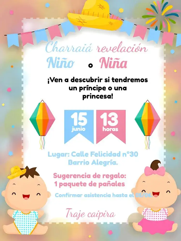 Invitación Charraiá Revelación Fiesta Junina Julina – tema Revelación Bebé junino, colorido, alegre, temático, vintage, moderno